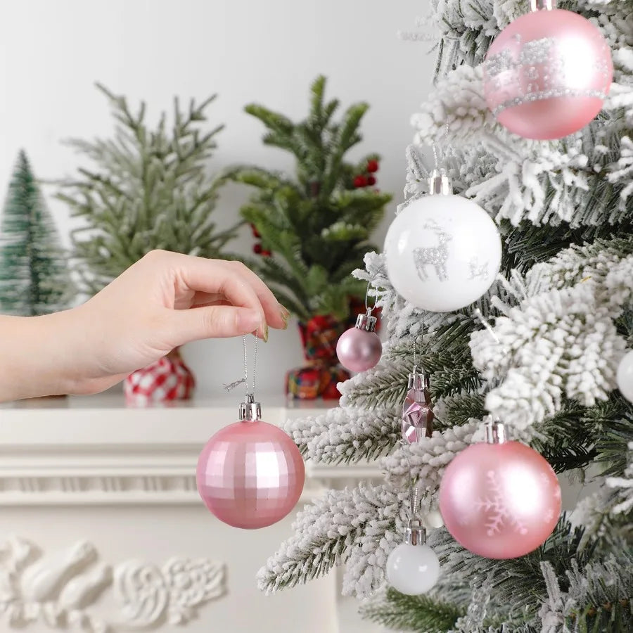 44 Pcs Shatterproof Plastic Christmas Balls Ornaments Set in Pink White for Holiday Party Wedding and Christmas Tree Decoration