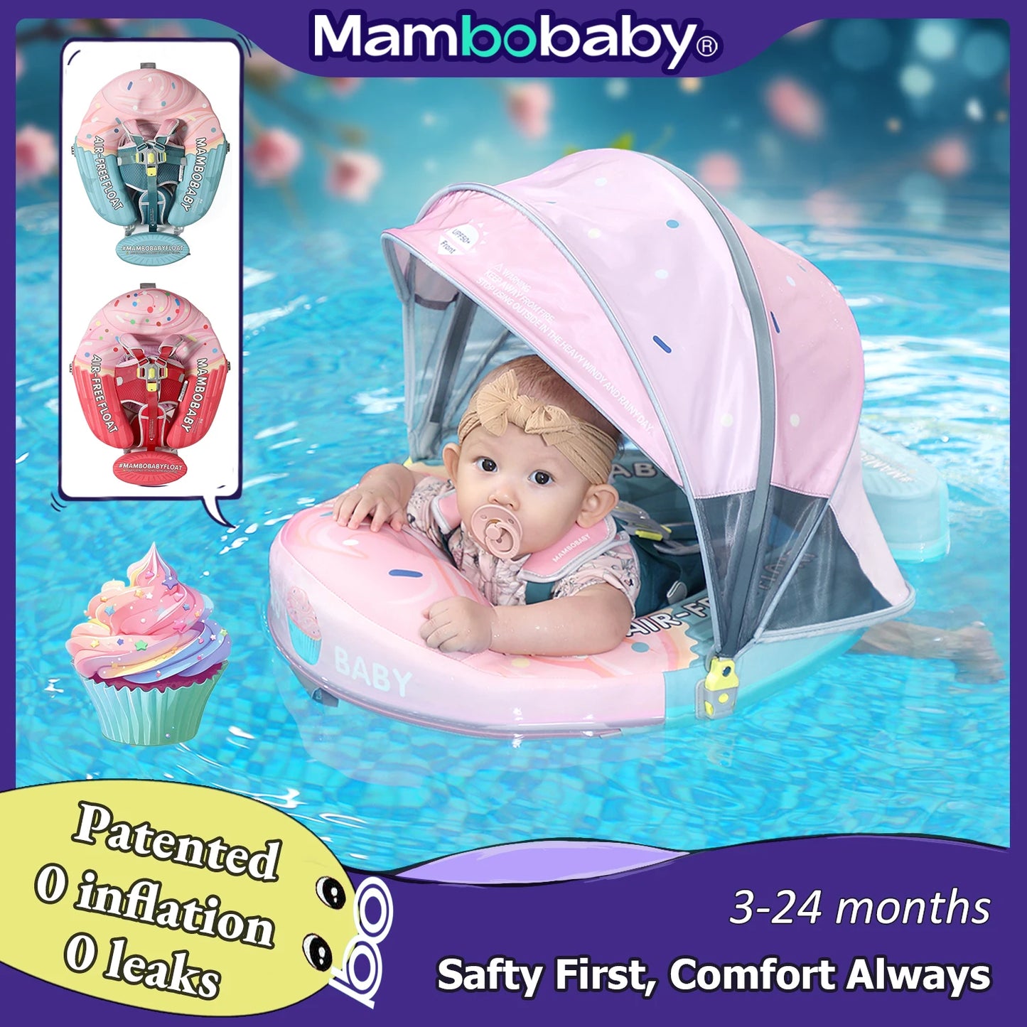 Mambobaby Float No-Slip Safe Harness ST-Cup Cake B503-150-W-Z  Safe Core No Inflation No Leaks Baby Swim Ring Toddler Pool Float