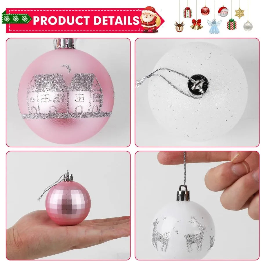 44 Pcs Shatterproof Plastic Christmas Balls Ornaments Set in Pink White for Holiday Party Wedding and Christmas Tree Decoration