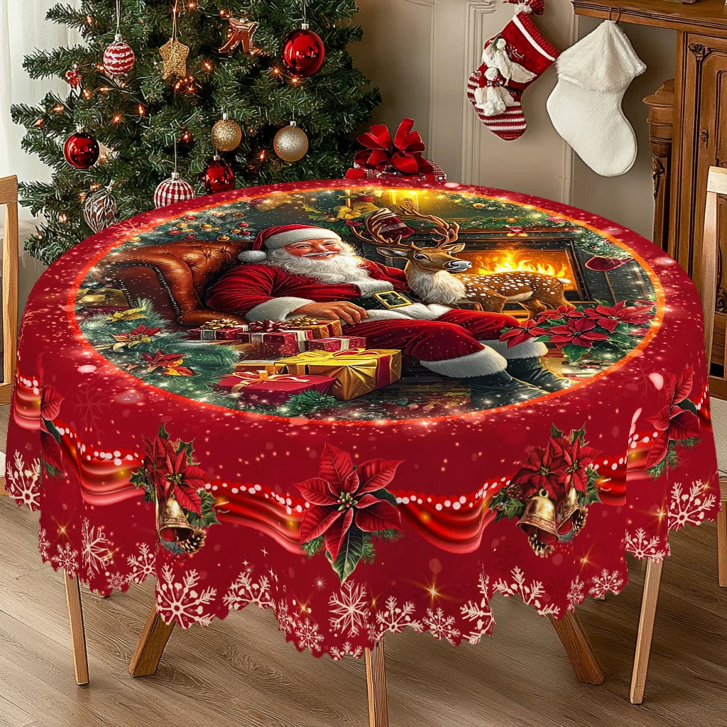 1 Piece of Red Merry Christmas Themed Printed Tablecloth, Retro Country Farmhouse Style, Santa Claus, Christmas Flower Pattern Design for Christmas, New Year Party, Party Decoration, Kitchen Accessories, Room and Outdoor Deco