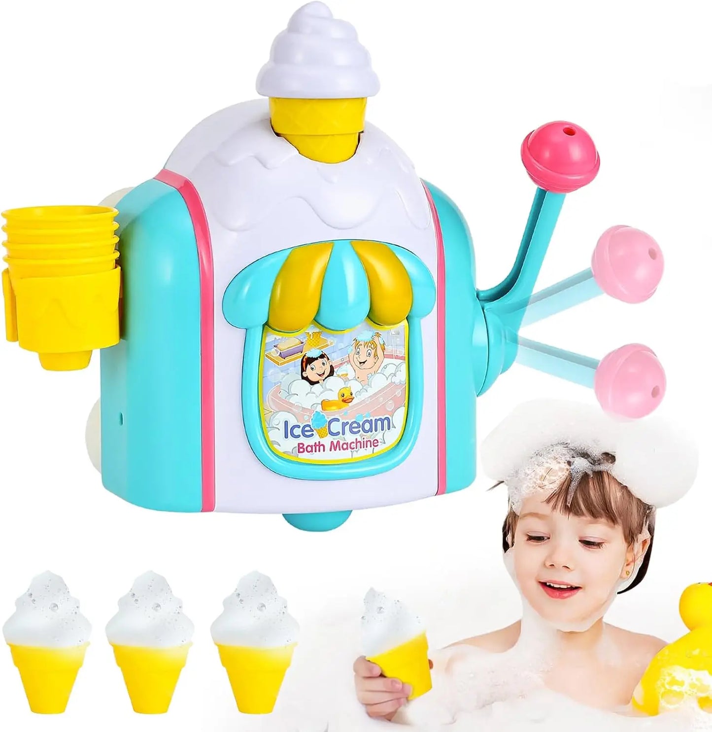 Bath Toys for Toddlers Ages 3-5,Ice Cream Foam Maker Bathtub Toy with Snap Buttons Not Fall,Bathtub Bubble Machine Pretend Cake
