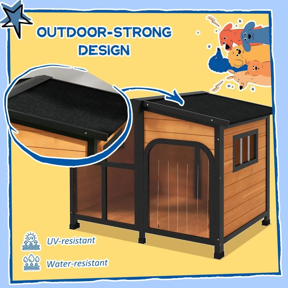 Outside Cabin-Style Wooden Dog House for Large Dogs with Openable Roof & Giant Window, Outdoor & Indoor Big Dog House, Asphalt
