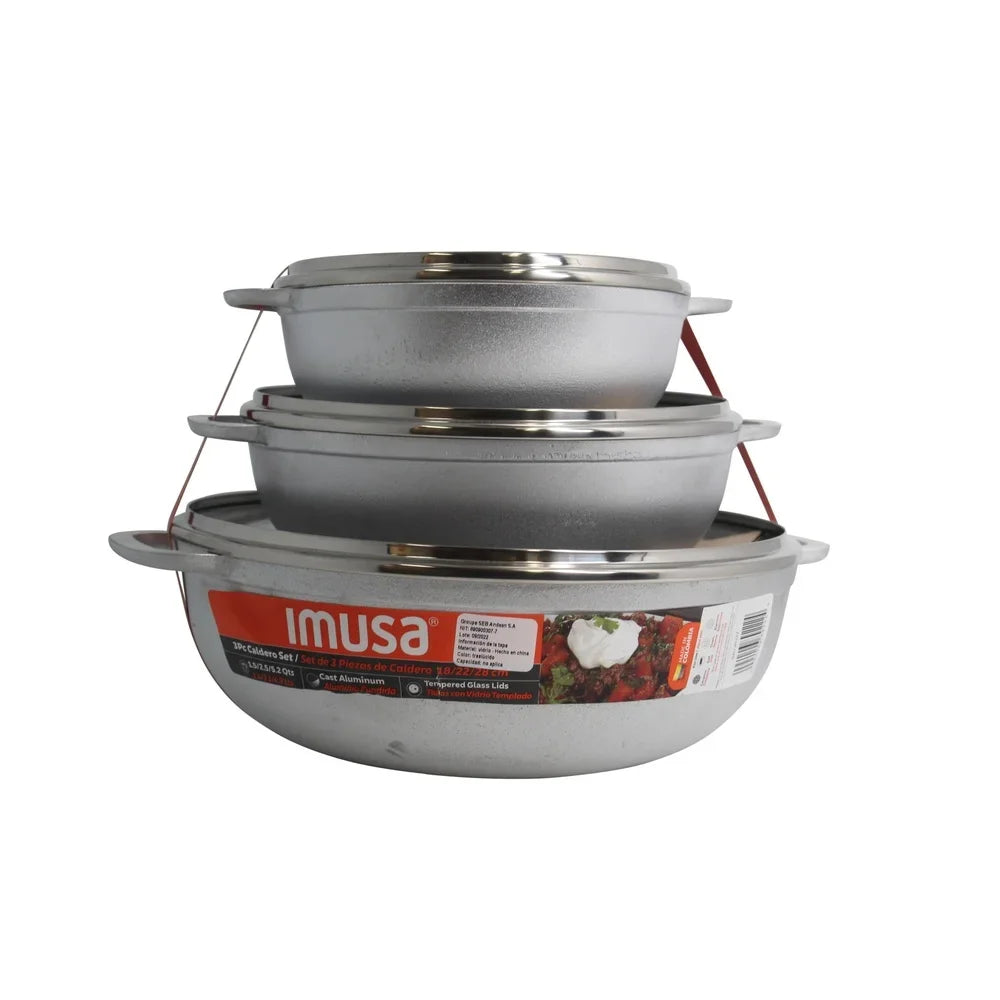 3pc Cast Aluminum Caldero Set with Glass Lid 1.5 2.5 5.2qt Oven Safe Cooking Essential Rice Soups Stews and Sauces
