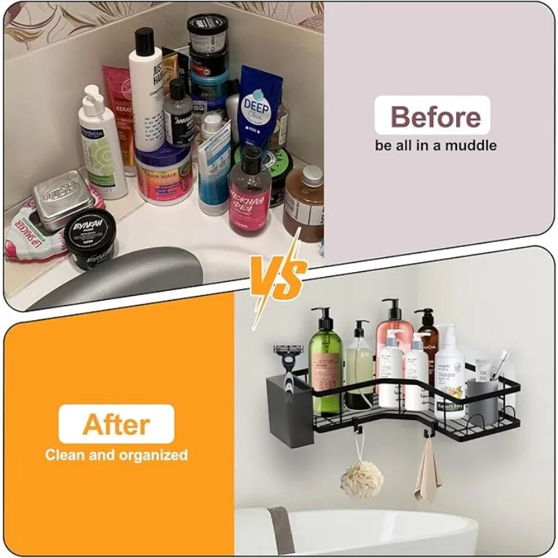 QYQRQF Adhesive Corner Shower Caddy No Drilling Stainless Steel Storage Rack with Hooks for Bathroom Rustproof Space Saving