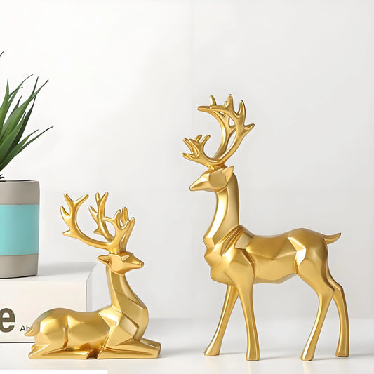 Geometric Elk Statue Set of 2, Modern Resin Deer Sculpture for Living Room & Office Decor - Elegant Display for Shelf & Desk