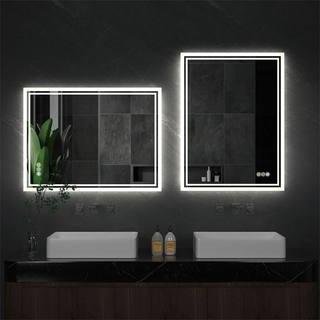 LED Bathroom Mirror 3 Size Dimmable Wall Mounted Mirror Rectangle Makeup Mirror Demist, Vertical/ Horizontal Backlit, IP65 Rated