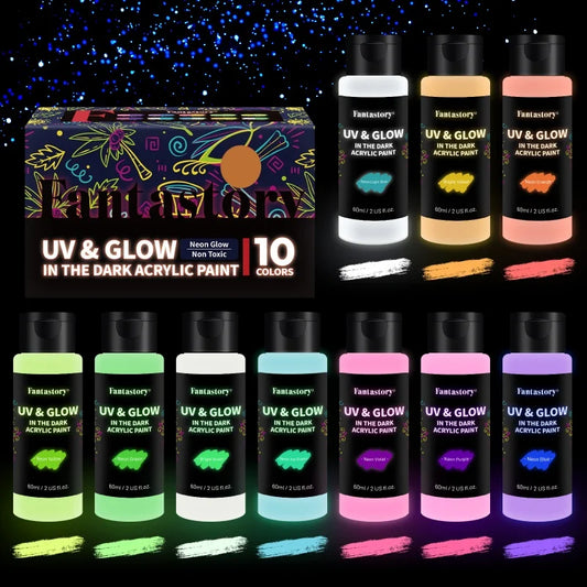 Fantastory 10PCS Glow In The Dark Paint, 60ml/2oz Neon Glow Acrylic Paints, 2IN1 Waterproof Paint, For DIY Craft, Stone, Glass